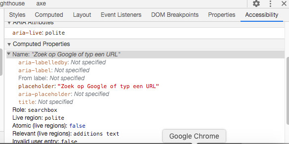 De Accessibility Tree in Chrome dat de naam en rol van een element laat zien