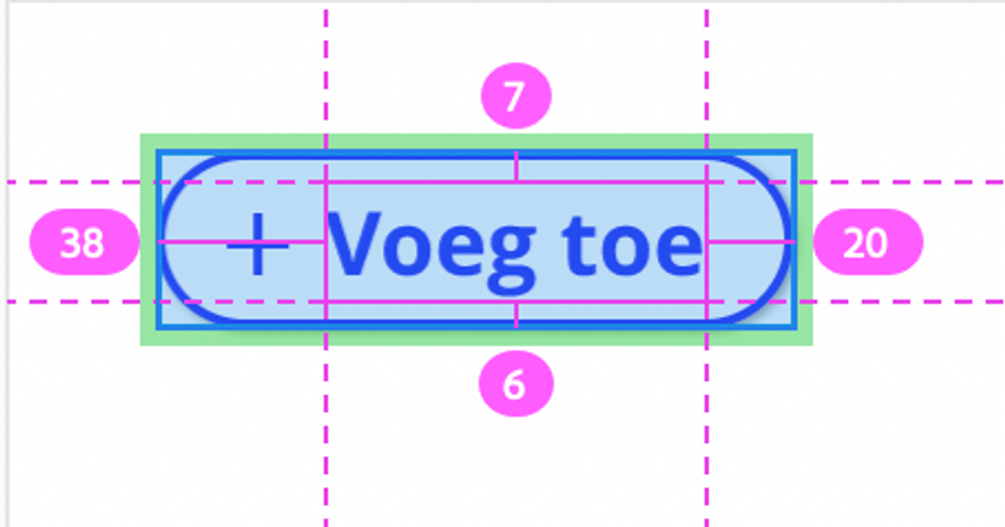 Afstanden binnen de button volgens Adobe XD. Met stippellijntjes en ballonnetjes met cijfers laat Adobe XD zien hoe de uitlijning van de tekst is binnen de button