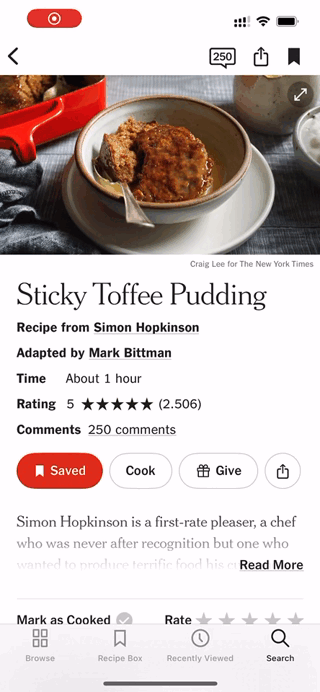 Een schermopname van de NYTimes Cooking app. De uitleg wordt geselecteerd en schuif van onderaf over de tekst heen. Als je op de tabbladen 'ingredients' en 'preparation' klikt, schuiven de bijbehorende pagina's van de zijkant naar binnen, vanaf rechts of vanaf links, afhankelijk van de tab. Bij het sluiten van de uitleg schuift deze naar beneden en bij het sluiten van het volledige recept schuift het het scherm uit om de onderliggende index te tonen